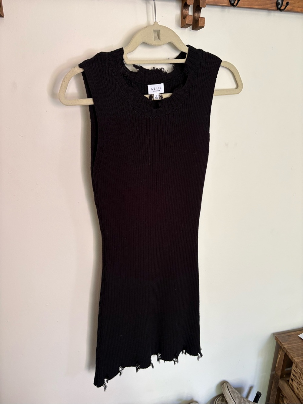 Le Lis Black Ribbed Sleeveless Mini Dress with Distressed Hem